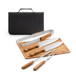 FLARE Five-piece wooden and stainless steel barbecue set with bamboo board