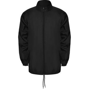 Waterproof raincoat.High neck and foldable hood with adjustable drawcord.Front zipper with matching puller.Two side pockets with flap.Elastic cuffs.Hem with inner adjustable drawcord.Elastic trim inside the pocket for folding and storage.