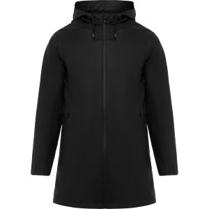 Waterproof raincoat.Hood with peak.Heat-sealed zips and seams.                                                                                 Contrasting details in black.Two side pockets with zip.Slit on back hem.