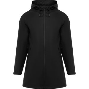 Waterproof raincoat for women.Hood with peak.Heat-sealed zips and seams.                                                                                 Contrasting details in black.Two side pockets with zip.Slit on back hem.