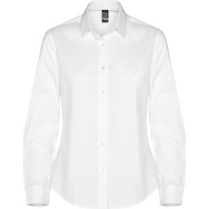 Long-sleeve shirt for women in stretch fabric. · Interlined collar.· Front chest and back pleats.· Front placket with visible buttons.· Two buttons in cuffs.· Back yoke.· Round hem.