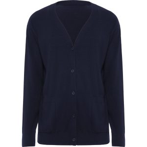 V-neck jacket in soft stitch fabric for women. · Front fastening with five matching buttons. · Two patch pockets. · Cuffs and elastic waistband in ribbed fabric.