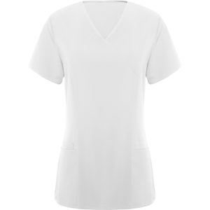 Short-sleeve service top for women.· Crossed peak neckline.· Two French pockets.· Side slits.
