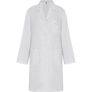 Fitted long-sleeve service gown.· Flap collar.· Front opening with 5 matching buttons.· One chest and two side pockets.· Back waistband.