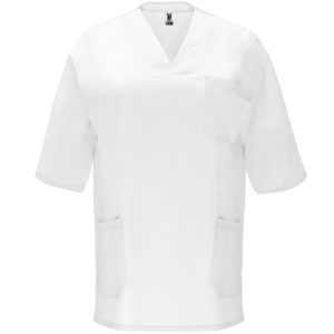 Unisex service top with short-sleeves.· Crossed peak neckline.· Pocket on chest and two side pockets.· Side slits on hem.