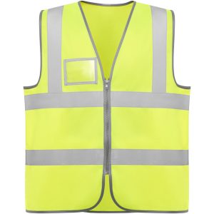 High-visibility vest with zip.· Two horizontal high-visibility strips on chest and    vertical ones on shoulders.· Transparent pocket on right chest for ID tag.