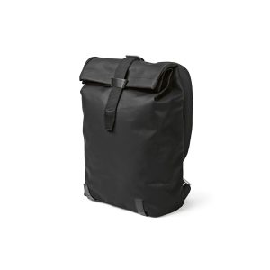 Berlin roll top backpack. Waterproof coated with a 23L capacity and made from recycled cotton canvas with PU coating (340gsm) and recycled PU trim. With a padded compartment for a laptop (17") and 2 internal pockets. Comes in an individual recycled cotton bag.