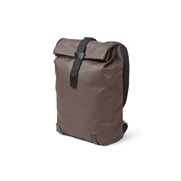 Berlin roll top backpack. Waterproof coated with a 23L capacity and made from recycled cotton canvas with PU coating (340gsm) and recycled PU trim. With a padded compartment for a laptop (17") and 2 internal pockets. Comes in an individual recycled cotton bag.