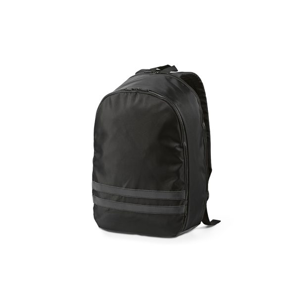The Sydney 18L rPET backpack features one large main compartment and another holds an integrated neoprene sleeve dedicated to a 17” laptop. On the outside