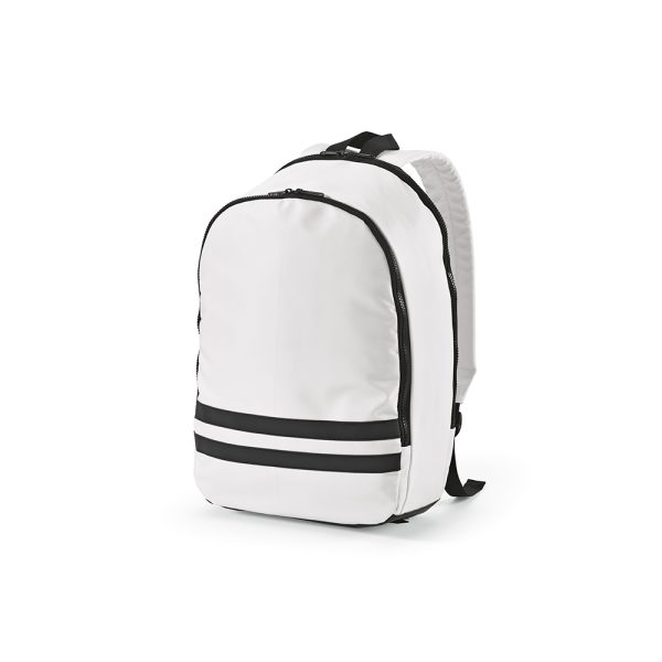 The Sydney 18L rPET backpack features one large main compartment and another holds an integrated neoprene sleeve dedicated to a 17” laptop. On the outside