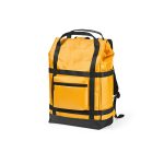 Waterproof 21L Backpack made of rPET.  A hidden side pocket allows you to access your 17” laptop without opening your bag.  The drawstring closure inner compartment will also ensure your belongings stay completely dry.  Features a unique magnetic closing system padded lumbar support and 2 padded shoulder straps for added comfort and side pockets. All presented in an individual recycled cotton bag.