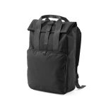 Warsaw roll top backpack is an urban style bag crafted from 600D rPET. This spacious 20L backpack features an attractive roll top closure with a buckle.  It has two handles that can be joined with a press stud providing additional stability and durability.  The ample pockets enable the organisation and storage of your belongings. The padded back panel offers further comfort when carrying with the backpack straps. Supplied in a recycled PE polybag.