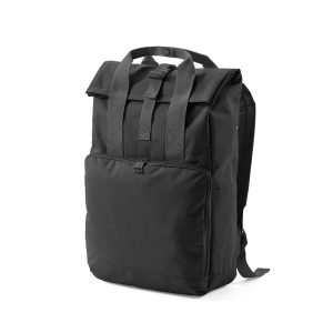 Warsaw roll top backpack is an urban style bag crafted from 600D rPET. This spacious 20L backpack features an attractive roll top closure with a buckle.  It has two handles that can be joined with a press stud providing additional stability and durability.  The ample pockets enable the organisation and storage of your belongings. The padded back panel offers further comfort when carrying with the backpack straps. Supplied in a recycled PE polybag.