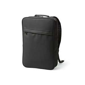 Amsterdam Backpack made of recycled PU. This 16L backpack features a front pocket with a diagonal thermo-injected zipper and a single compartment with a 17'' laptop pocket. The back padding and reinforced handles are for comfort and durability. Comes in a recycled cotton bag.