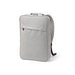 Amsterdam Backpack made of recycled PU. This 16L backpack features a front pocket with a diagonal thermo-injected zipper and a single compartment with a 17'' laptop pocket. The back padding and reinforced handles are for comfort and durability. Comes in a recycled cotton bag.