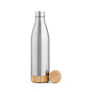 Stay hydrated with our 780ml (750ml net) recycled stainless steel water bottle with bamboo lid and bottom. The double-wall insulation keeps your drinks cold all day long. Packed in an individual cardboard box.