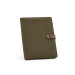 Eliot A4 folder in recycled canvas cotton. Recycled PU snap closure secures your essentials while a tablet sleeve