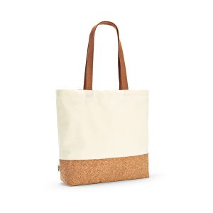 Vinson Tote Bag in 70% recycled cotton and 30% rPET featuring a durable cork bottom. With a sturdy 220 gsm construction and comfortable 65 cm handles. Offers a maximum capacity of 19L and supports up to 15kg in weight. It offers both space and style measuring 46x38x10cm.