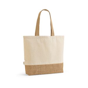 Mauna Kea Tote bag in 70% recycled cotton with 30% recycled polyester (220gsm) and featuring a sturdy jute bottom (275gsm). It's robust yet lightweight and an eco-conscious companion. This bag holds up to 19L and supports weights of up to 13kg. Featuring 65 cm handles and measuring 46x38x10cm.