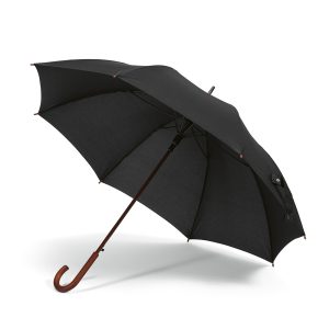 Bach 27'' umbrella with wooden handle and automatic opening. Featuring 8 panels and eco-friendly rPET fabric. Windproof frame in fibreglass. Comes in an individual rPET pouch.
