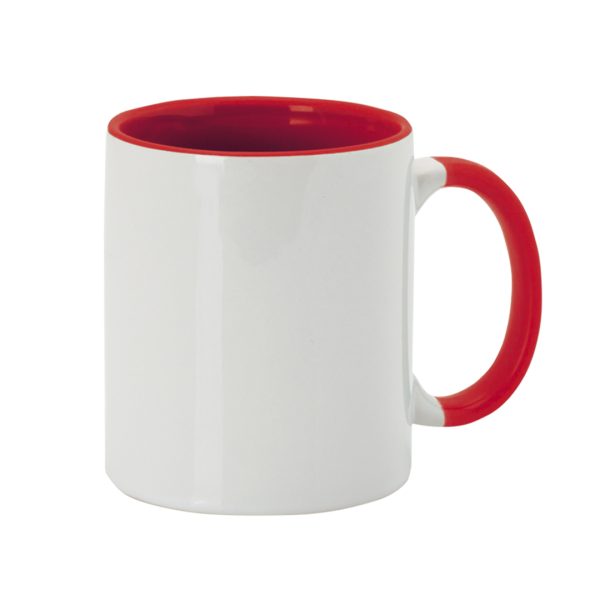 white mug with red inside and printed message