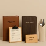 leather menu cover, wooden wine list holder, drink menu clipboard, custom table signage, horeca table setting