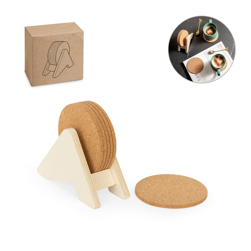 PLYCORK. Plywood stand with 6 cork coasters PLYCORK Plywood stand with 6 cork coasters
