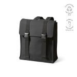 the reinforced top handle adds durability and convenience. The dedicated padded laptop pocket will hold a 17” laptop. Comes in a recycled cotton bag.