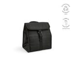 with sleek black handles and trim. The fabric is derived from recycled materials. The roll-top closure ensures easy access