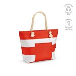 it has a frontal pocket. It also features horizontal coloured stripes and recycled cotton handles. Keep items secured with zipper. Elevate your stylish leisure sustainably.