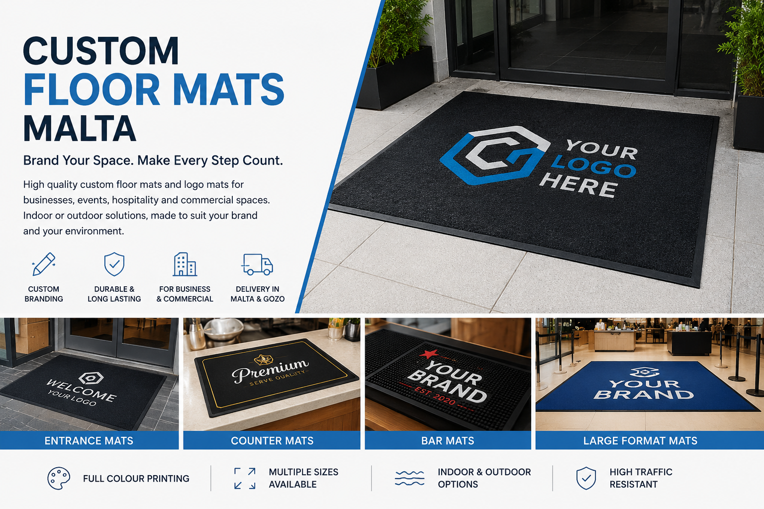 Custom branded floor mats for business entrances, counters and bars in Malta