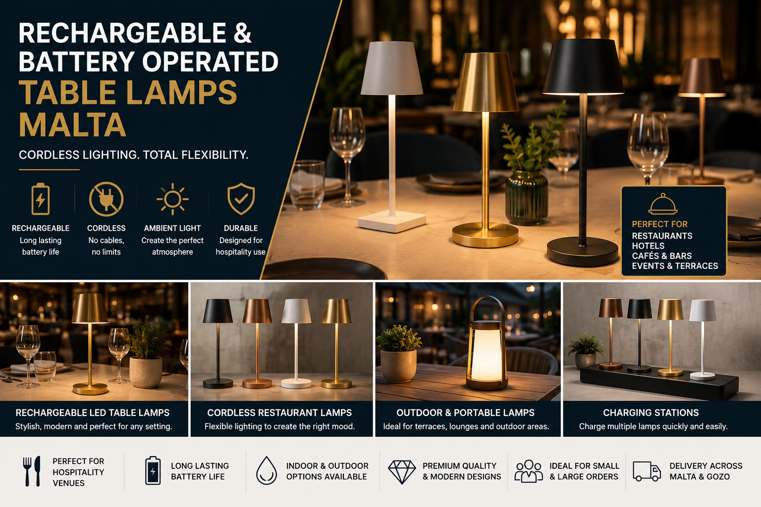 Rechargeable and battery operated table lamps for restaurants and hotels in Malta